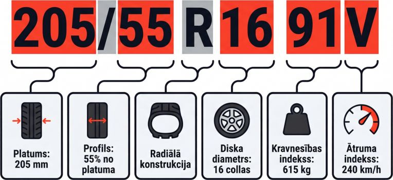 Riepas izmēra atšifrēšanas ilustrācija